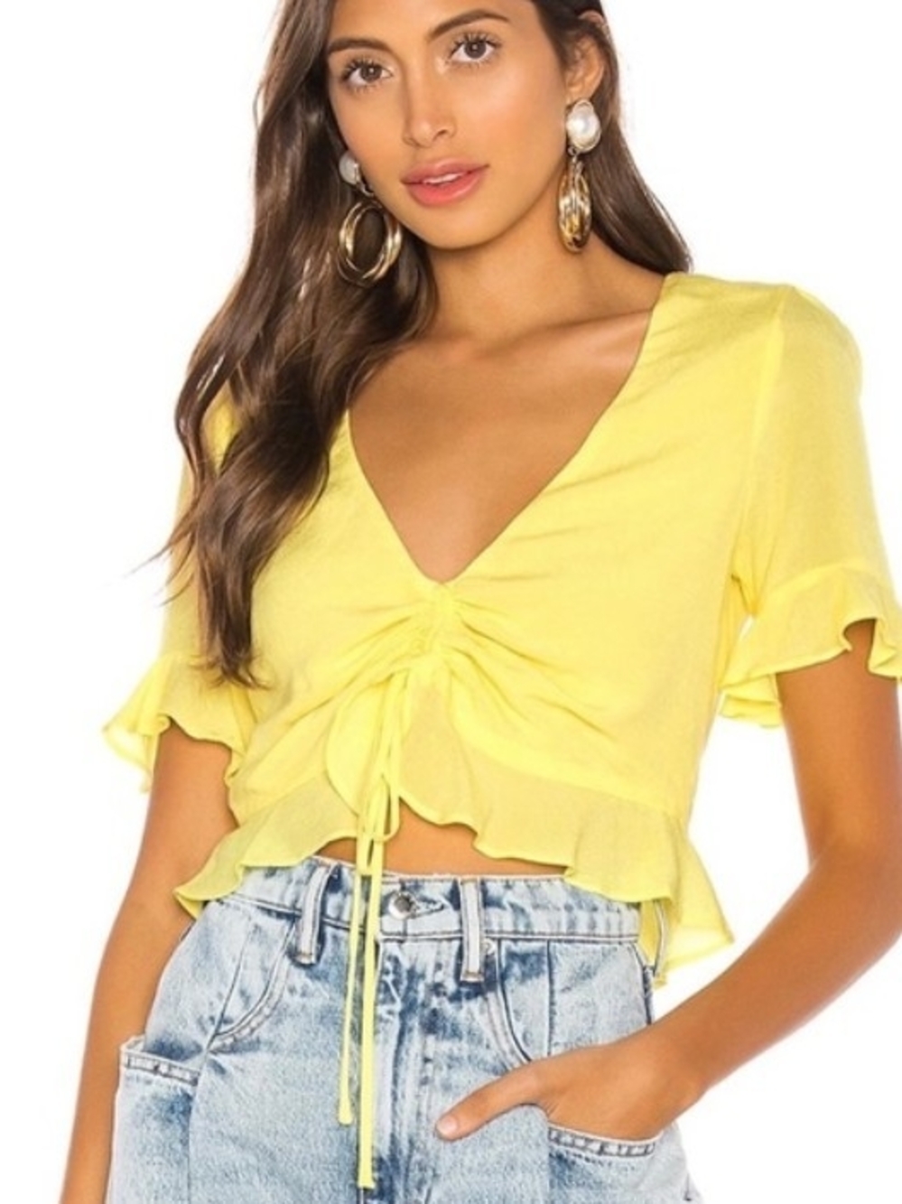 L'Academie Bright Yellow V-Neck Drawstring Ruffle Crop Top